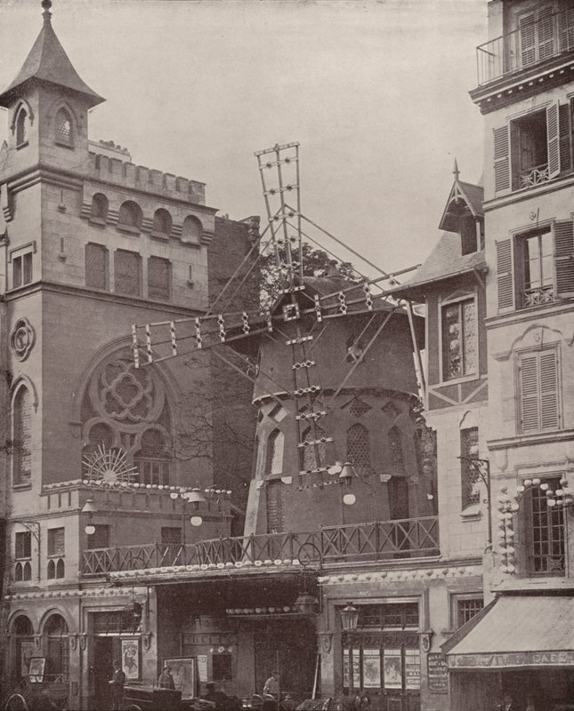 Paryż: Zewnętrzna część Moulin Rouge (zdjęcie czarno-białe) autorstwa French Photographer