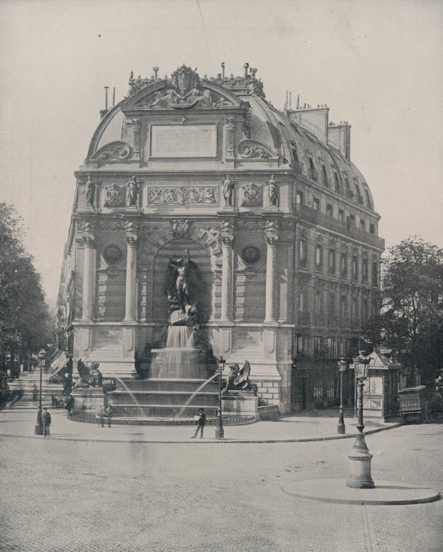 Paryż: Fontanna św. Michała (zdjęcie czarno-białe) autorstwa French Photographer