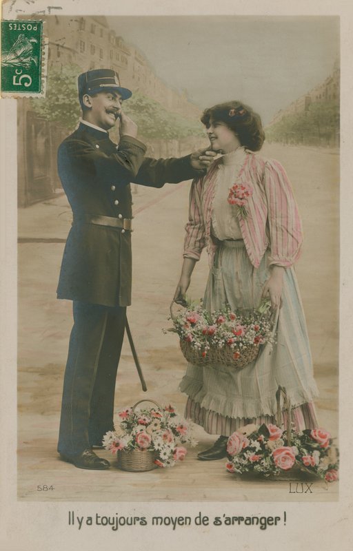 Pocztówka francuskiego policjanta z kwiaciarką, wysłana w 1913 r. (zdjęcie ręcznie kolorowane) autorstwa French Photographer