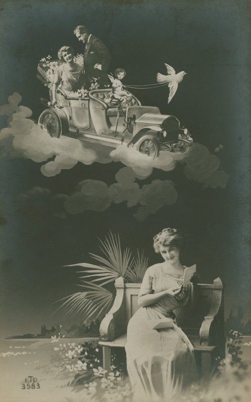 Pocztówka młodej kobiety czytającej list i marzącej o małżeństwie, wysłana w 1913 r. autorstwa French Photographer