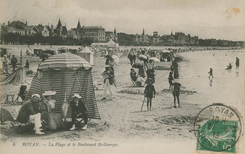 Pocztówka z plażą i bulwarem St Georges, Royan, Francja wysłana w 1913 r. autorstwa French Photographer