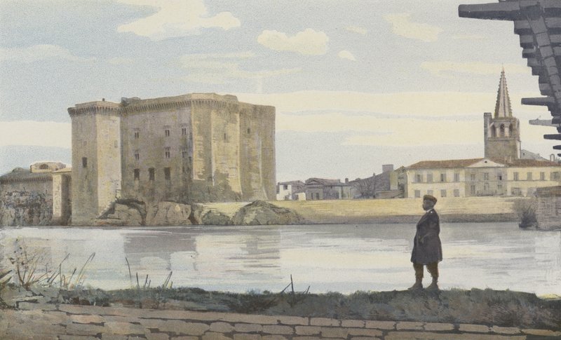 Tarascon, zamek, dzwonnica kościoła Sainte-Marthe i most wiszący nad Rodanem autorstwa French Photographer