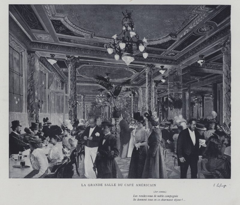 Wielka sala Cafe Americain, Paryż (zdjęcie czarno-białe) autorstwa French Photographer