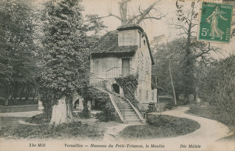 Młyn w Hameau de la reine, rustykalne zacisze zbudowane dla Marii Antoniny w parku Chateau de Versailles w pobliżu Petit Trianon. Pocztówka wysłana w 1913 roku. autorstwa French Photographer