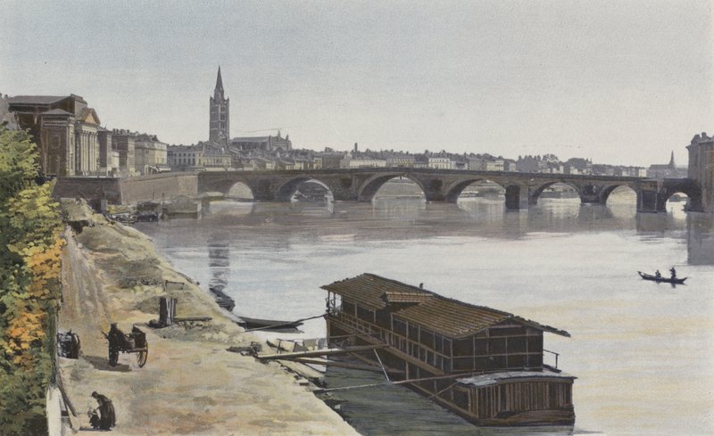 Tuluza, Pont-Neuf i Eglise N D, od Dalbade, Widok w dół rzeki, podjęte na brzegu Garonny autorstwa French Photographer