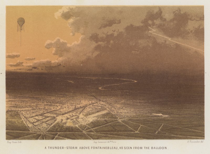 Burza z piorunami nad Fontainebleau widziana z balonu (kolorowa litografia) autorstwa French School
