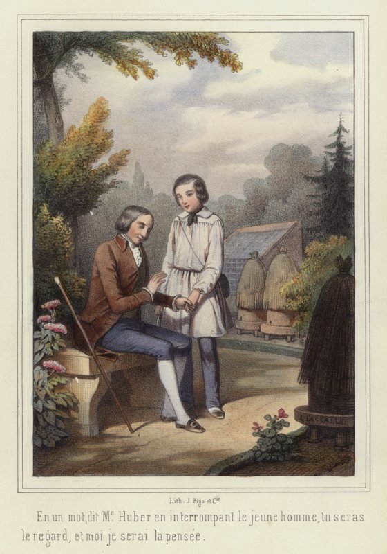 Chłopiec pomagający niewidomemu (kolorowa litografia) autorstwa French School