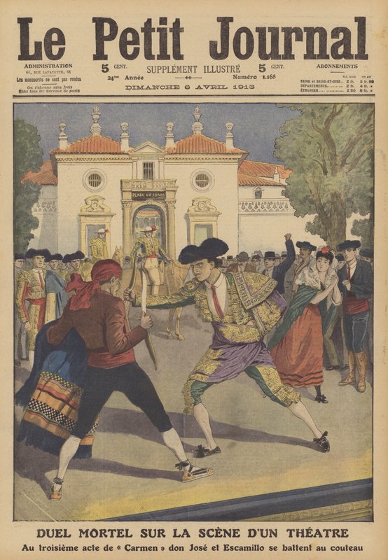 Śmiertelny pojedynek na scenie teatru w Hiszpanii (litografia kolorowa) autorstwa French School