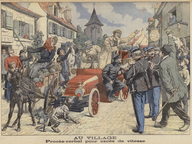 Kierowca zatrzymany przez policję za przekroczenie prędkości podczas przejazdu przez wioskę (kolorowy grawerunek) autorstwa French School
