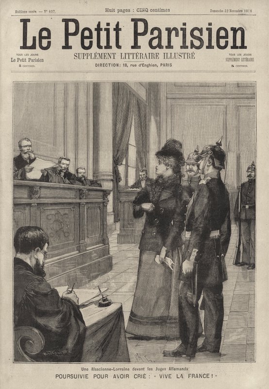 Kobieta z Alzacji-Lotaryngii przed niemieckim sędzią w sądzie za krzyk „Vive la France!” (rytownictwo) autorstwa French School