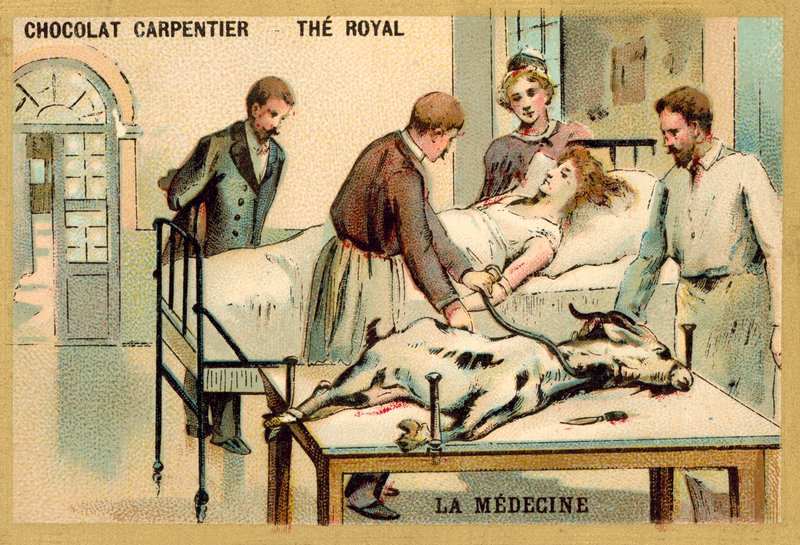 Kobieta otrzymująca transfuzję krwi od kozy (chromolitho) autorstwa French School
