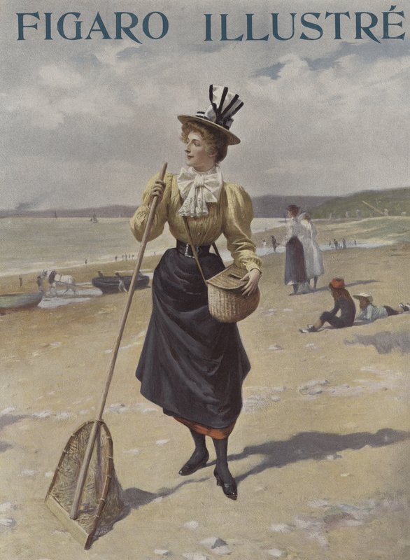 Kobieta spacerująca po plaży ze sprzętem wędkarskim autorstwa French School
