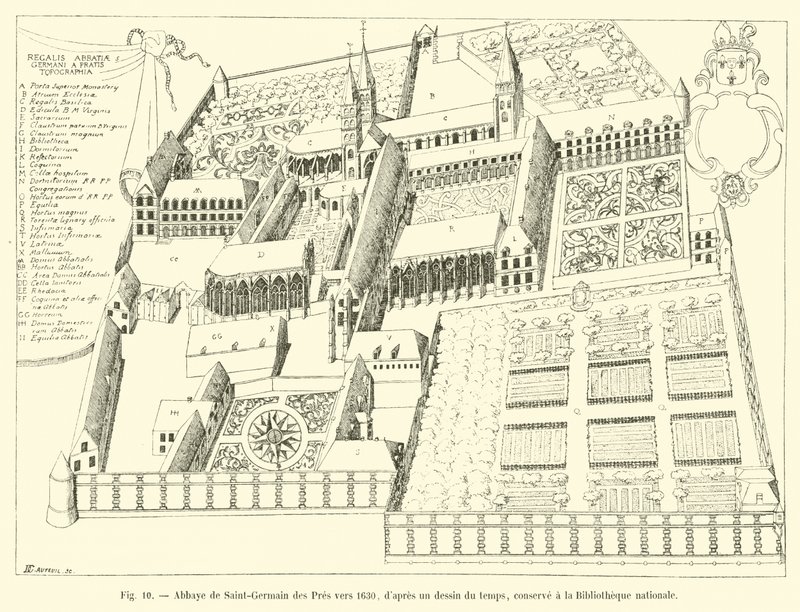 Opactwo Saint-Germain des Pres około 1630 r., z ówczesnego rysunku, przechowywanego w Bibliotece Narodowej autorstwa French School