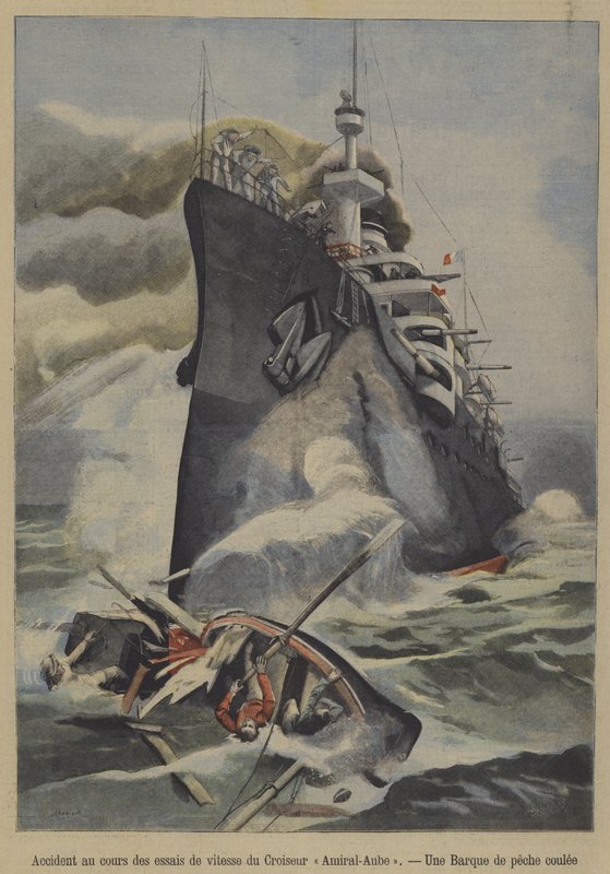 Przypadkowe zatonięcie łodzi rybackiej przez francuski krążownik pancerny Admiral Aube podczas prób prędkości (kolor lito) autorstwa French School