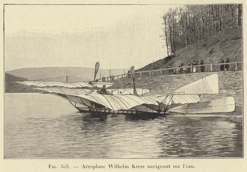 Samolot Wilhelm Kress płynący po wodzie (grawerowanie) autorstwa French School