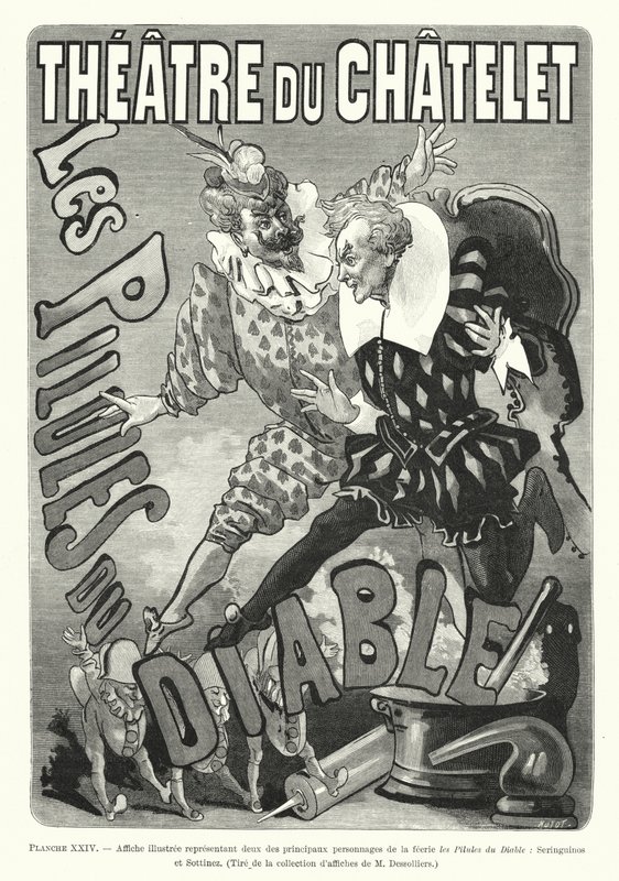 Ilustrowany plakat przedstawiający dwóch głównych bohaterów bajki Les Pilules du Diable, Seringuinos i Sottinez (grafika) autorstwa French School
