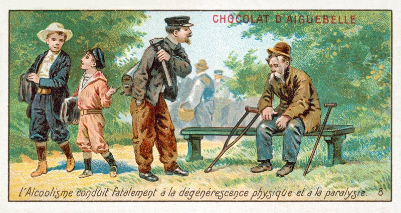 Alkoholizm nieuchronnie prowadzi do zwyrodnienia fizycznego i paraliżu (chromolitho) autorstwa French School