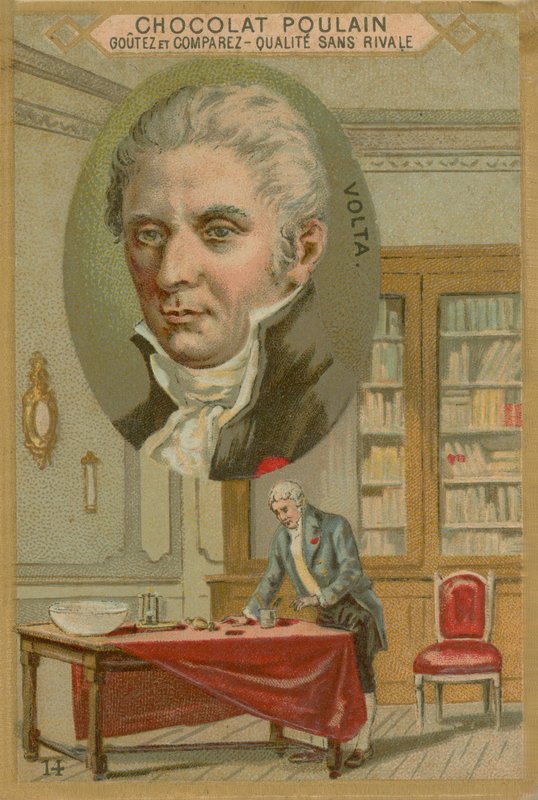 Alessandro Volta, karta handlowa Chocolat Poulain autorstwa French School