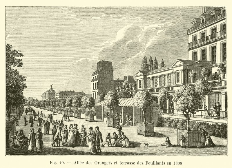 Allee des Orangers i Terrasse des Feuillants w 1808 r. autorstwa French School