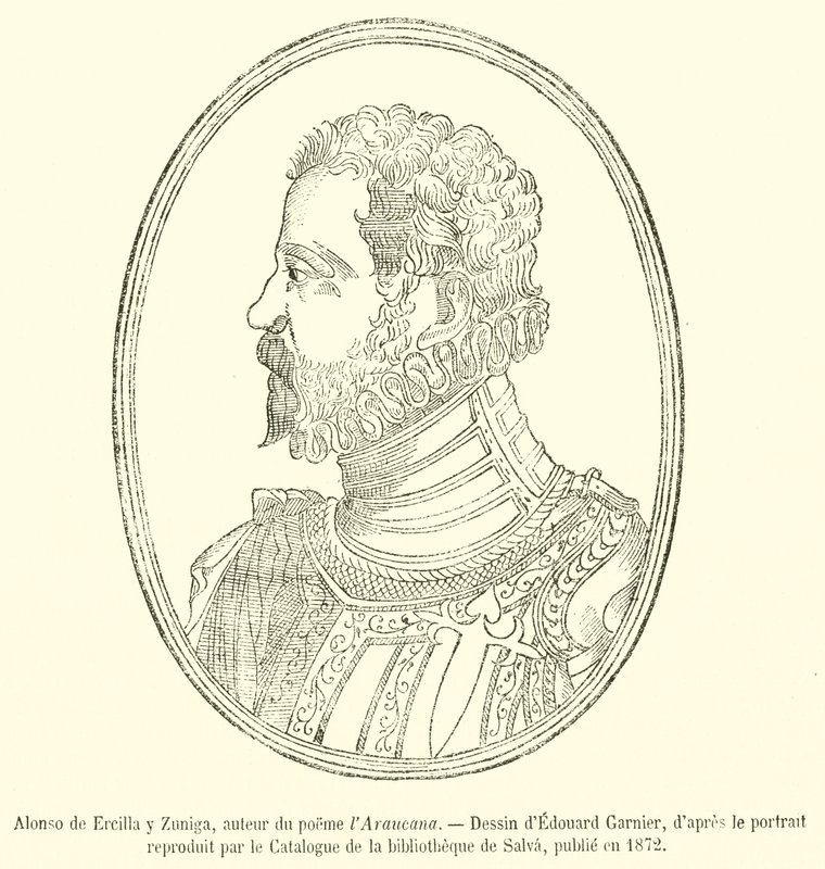 Alonso de Ercilla y Zuniga, autor wiersza Araucana (grafika) autorstwa French School