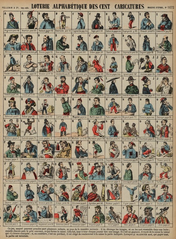 Alfabetyczna loteria stu karykatur (kolorowy grawer) autorstwa French School