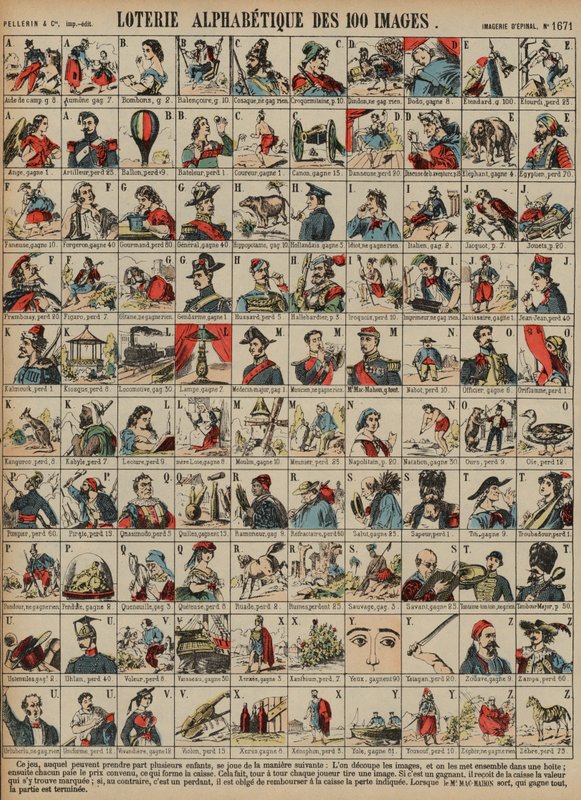 Alfabetyczna loteria stu obrazków (kolorowy grawer) autorstwa French School