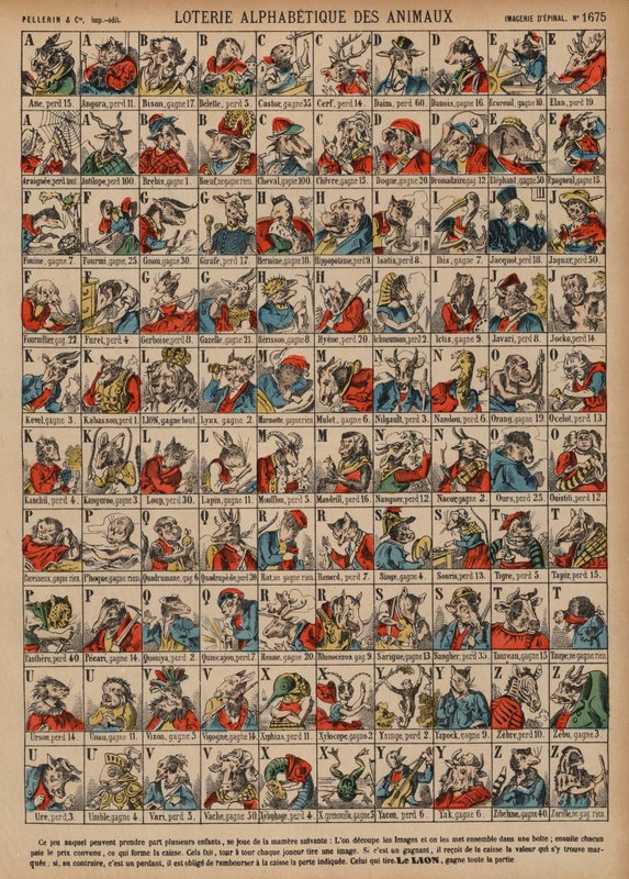 Alfabetyczna loteria zwierząt (kolorowy grawer) autorstwa French School