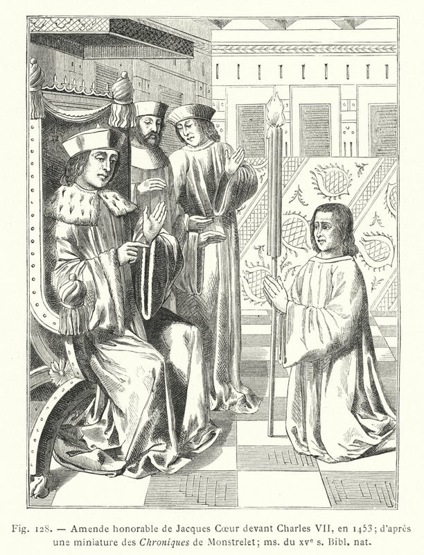 Honorowe poprawki Jacques Coeur przed Karolem VII, w 1453; po miniaturze z Chroniques de Monstrelet; ms z XV w., Biblia nat (rycina) autorstwa French School