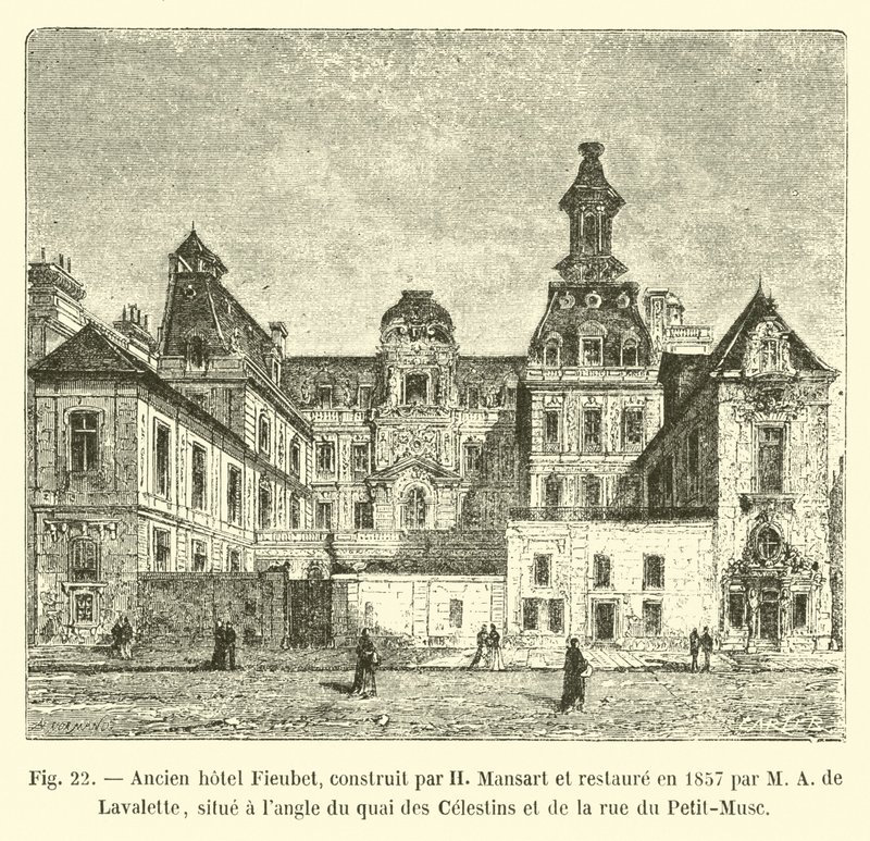 Dawny hotel Fieubet, zbudowany przez H Mansarta i odrestaurowany w 1857 przez MA de Lavalette, położony na rogu Quai des Celestins i Rue du Petit-Musc autorstwa French School