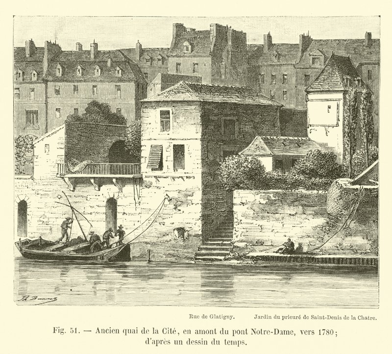 Dawne quai de la Cite, w górę rzeki od mostu Notre-Dame, około 1780 r.; z ówczesnego rysunku autorstwa French School