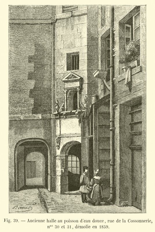 Dawny targ ryb słodkowodnych, rue de la Cossonnerie, nr 30 i 31, zburzony w 1859 r. autorstwa French School