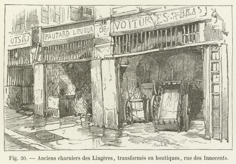 Dawny masowy grób Lingeres, przekształcony w sklepy, rue des Innocents autorstwa French School