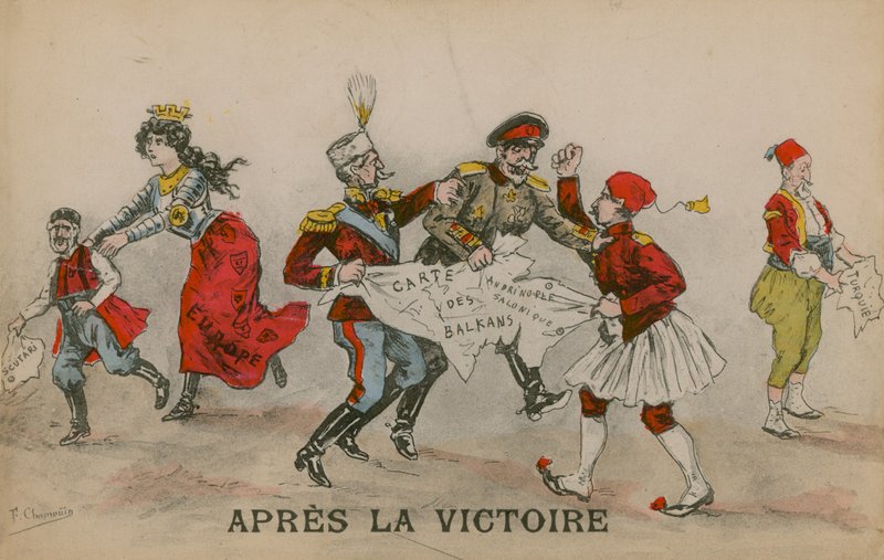 Apres La Victoire, polityczna kreskówka o Bałkanach. Pocztówka wysłana 14 czerwca 1913 r. autorstwa French School