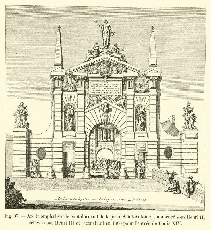 Łuk triumfalny na uśpionym moście bramy Saint-Antoine, rozpoczęty za Henryka II, ukończony za Henryka III i przebudowany w 1660 na wjazd Ludwika XIV autorstwa French School