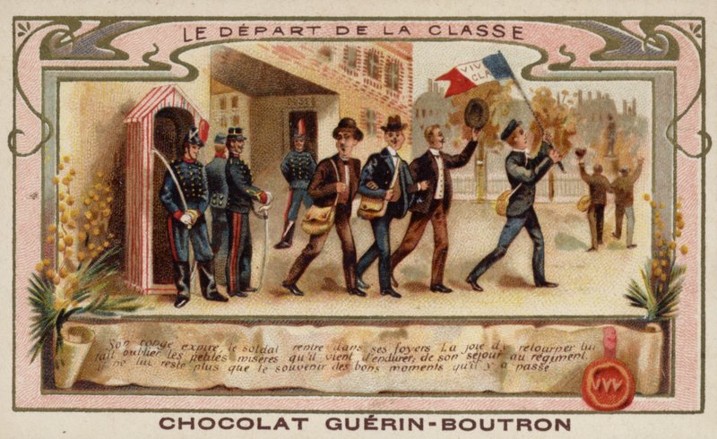 Kadeci wojskowi odchodzący do pułku po ukończeniu akademii (chromolitho) autorstwa French School
