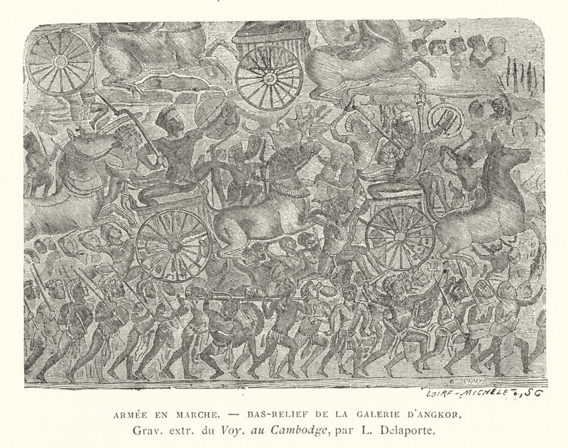 Armia w marszu, płaskorzeźba z Angkoru w Kambodży (rycina) autorstwa French School