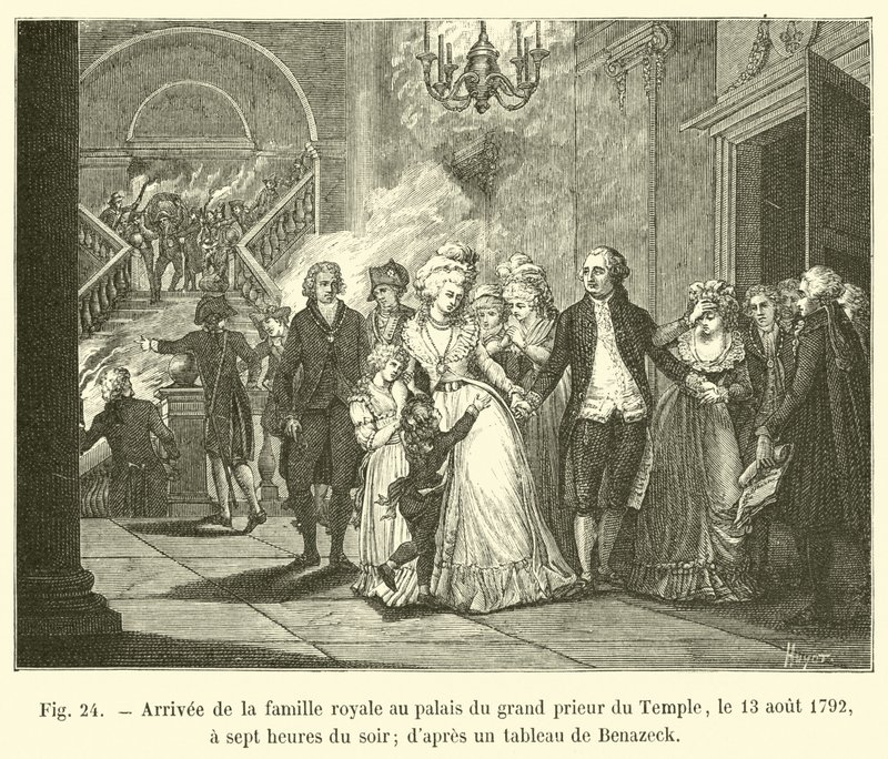 Przybycie rodziny królewskiej do pałacu Wielkiego Przeora Świątyni, 13 sierpnia 1792, o godzinie siódmej wieczorem; z obrazu Benazecka autorstwa French School