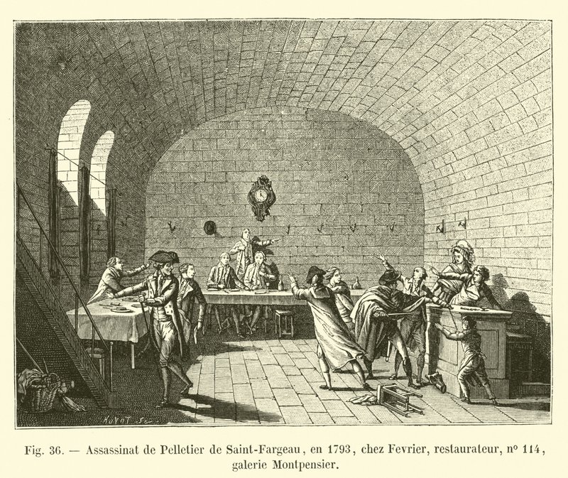 Zabójstwo Pelletier de Saint-Fargeau, w 1793 r. w Fevrier, konserwator, nr 114, galeria Montpensier autorstwa French School