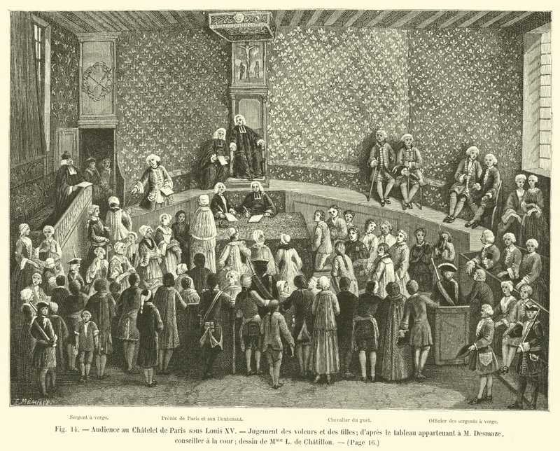 Audiencja w Chatelet w Paryżu za Ludwika XV, Sąd nad złodziejami i dziewczętami; z obrazu należącego do M. Desmaze, radcy dworskiego; rysunek pani L. de Chatillon autorstwa French School