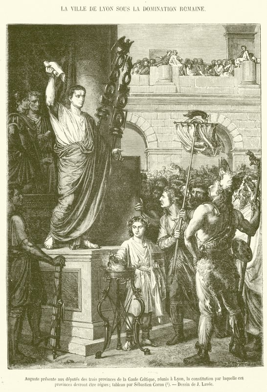August przedstawia deputowanym trzech prowincji celtyckiej Galii, zebranym w Lyonie, konstytucję, zgodnie z którą te prowincje powinny być zarządzane (rycina) autorstwa French School