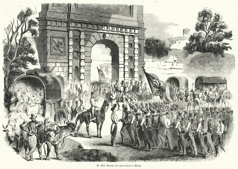 Wojska austriackie wkraczające do Mediolanu, Włochy, 6 sierpnia 1848 (rycina) autorstwa French School