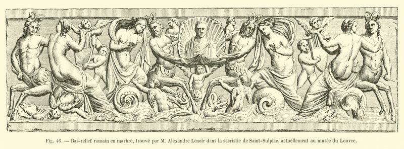 Rzymska płaskorzeźba z marmuru, znaleziona przez M Alexandre Lenoira w zakrystii Saint-Sulpice, obecnie w Luwrze autorstwa French School