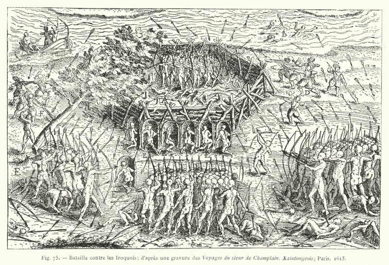 Bitwa z Irokezami; po rycinie z Podróży Sieur de Champlain, Xaintongeois, Paryż autorstwa French School