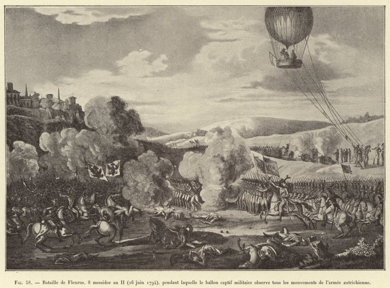 Bitwa pod Fleurus, 8 Messdor Rok II (26 czerwca 1794), podczas której uwięziony balon wojskowy obserwuje wszystkie ruchy armii austriackiej (rycina) autorstwa French School