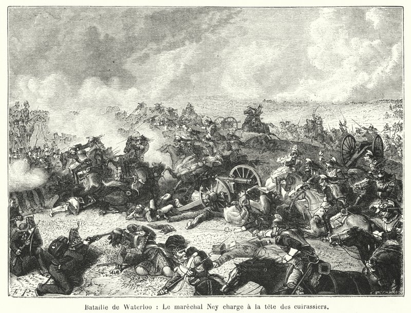 Bitwa pod Waterloo, marszałek Ney szarżujący na czele kirasjerów (rycina) autorstwa French School