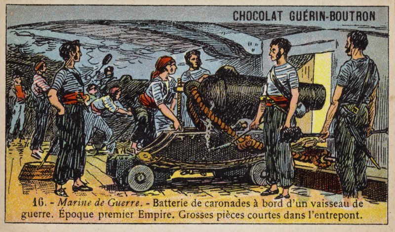 Bateria karronad na pokładzie francuskiego okrętu wojennego Pierwszego Cesarstwa, początek XIX wieku (chromolitho) autorstwa French School