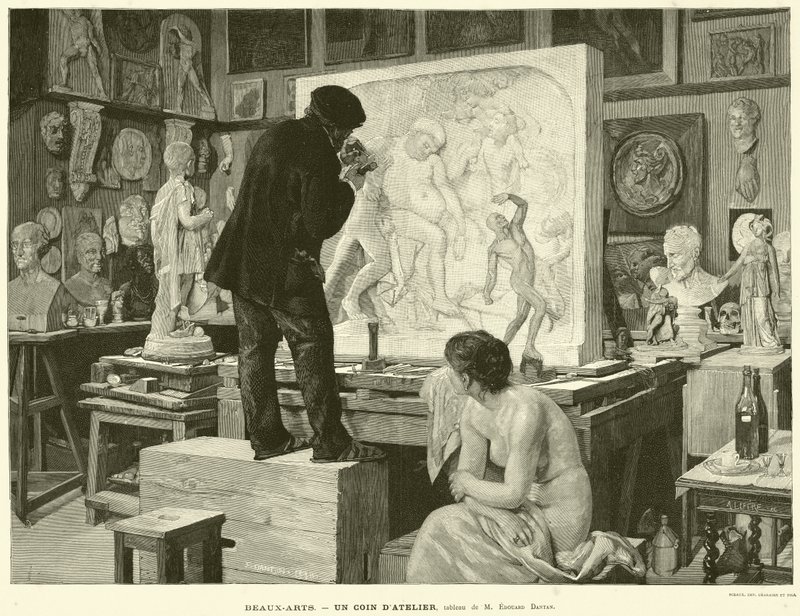 Sztuki piękne, kącik warsztatowy, obraz M Edouard Dantan (grafika) autorstwa French School
