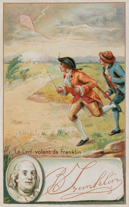 Benjamin Franklin puszczający latawiec, w który uderzył piorun autorstwa French School