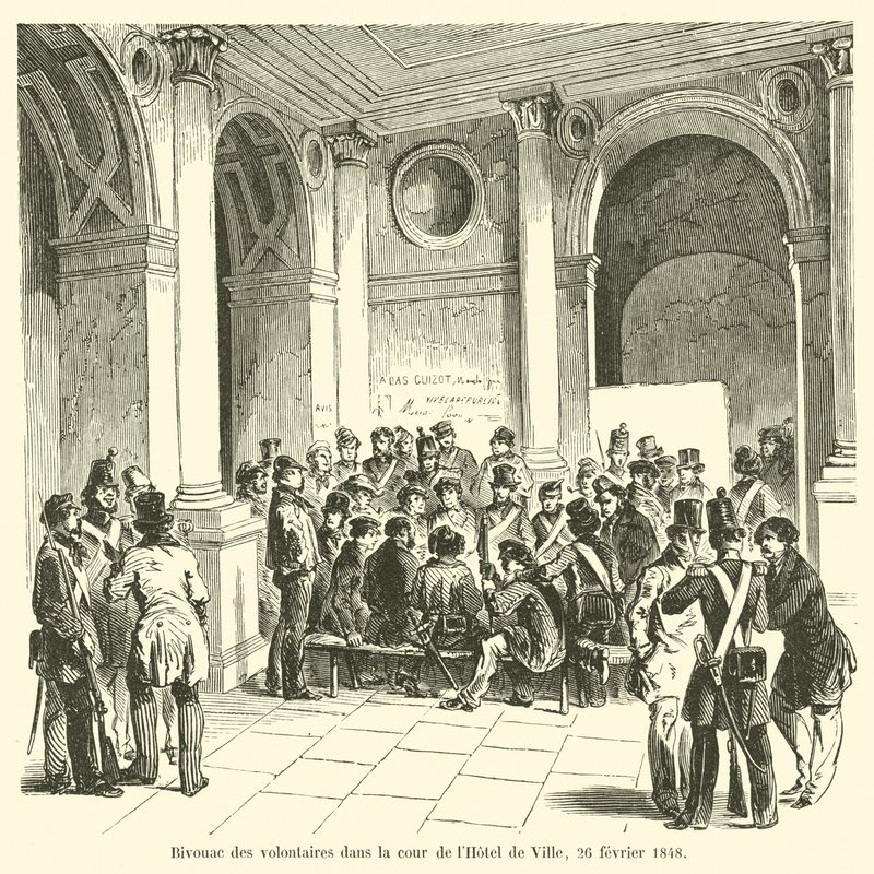 Biwak wolontariuszy na dziedzińcu Hôtel de Ville, 26 lutego 1848 r. autorstwa French School