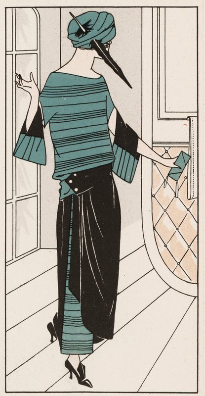 Czarno-turkusowa sukienka z krepy chinowej z lat 20. (kolorowa litografia) autorstwa French School